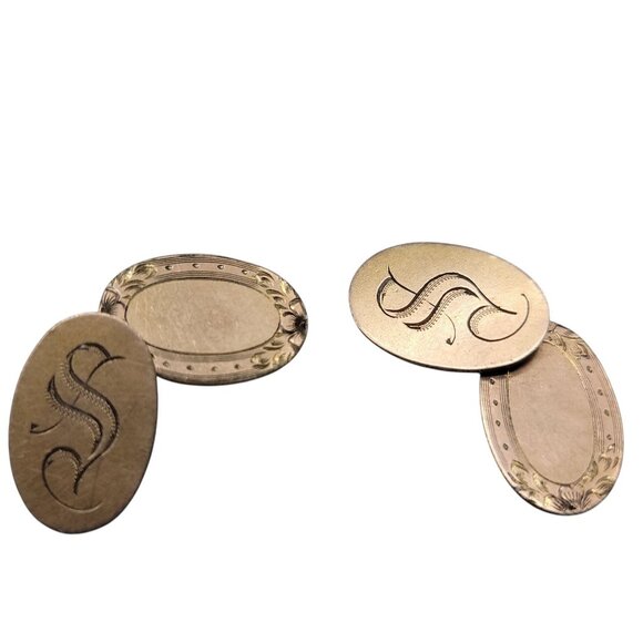 Antique FP Co Ford Perry Engine Turning Etched Gold Plated S Monogram Cufflinks